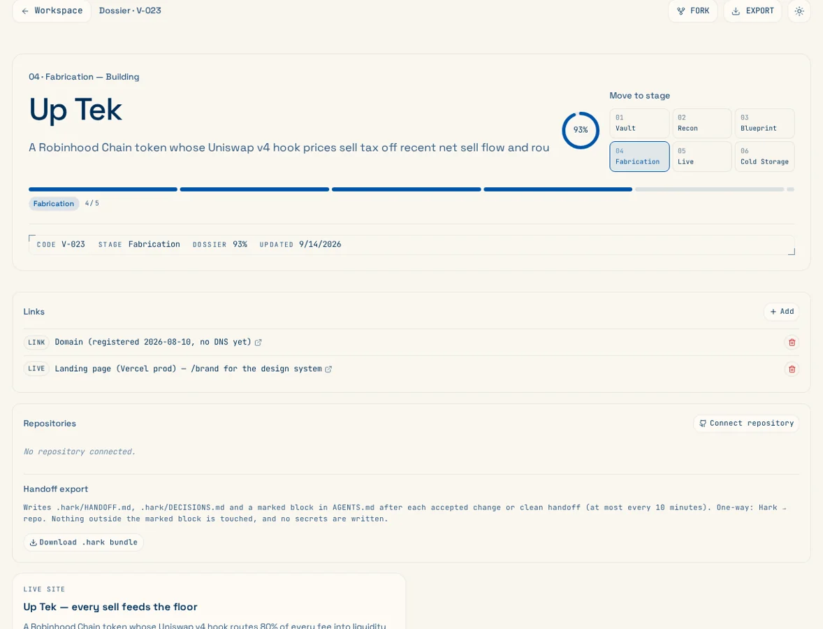 Hark client project page with export controls and repository-native handoff files