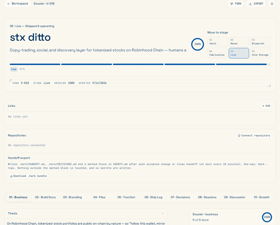 Hark live client build with progress, project page, and access in one view