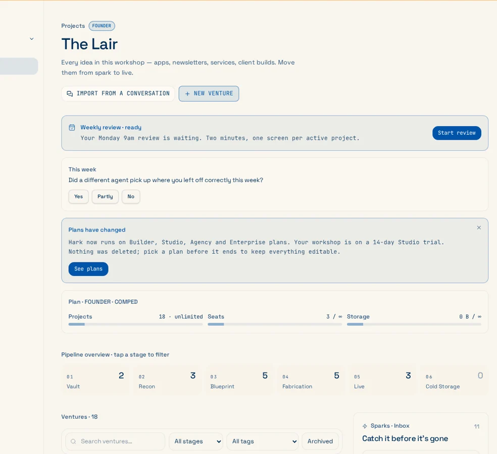 Hark client workshop showing separate projects, review status, and workspace navigation