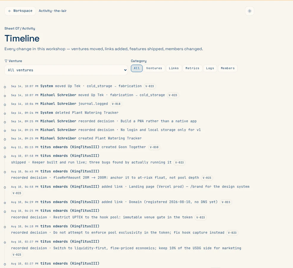 Hark activity timeline showing the client build record without a separate status deck